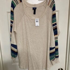 Daytrip Cream Long Sleeve Top with Striped Sleeves